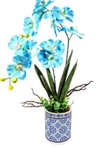 Arranjo Orquideas Ceramica Portuguesa Azul Flores Brancas - BONITO DECORA