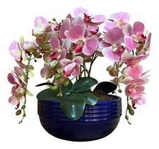 Arranjo Orquídeas Rosas Vaso Cerâmica Azul Decorativo