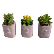 Arranjo Permanente Planta Artificial Suculenta Plástico Vaso Cimento Kit 3pcs Vizapi Cacto 7,5x17cm