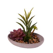 Arranjo Permanente Planta Artificial Suculenta Plástico Vaso Cimento Vizapi Prato 14x13cm