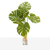 Arranjo Planta Folhagem Verde Costela De Adão Silicone Vaso Vidro Incolor