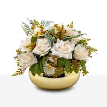 Arranjo Rosas Artificial Decoração Vaso Vidro Espelhado Dourado Médio
