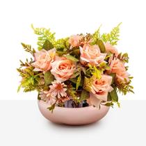 Arranjo Rosas Artificial Decoração Vaso Vidro Espelhado Rosê Médio Arranjo Rosas Artificial Decoração Vaso Vidro Espelhado Rosê Médio