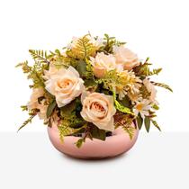 Arranjo Rosas Artificial Decoração Vaso Vidro Espelhado Rosê Médio Arranjo Rosas Artificial Decoração Vaso Vidro Espelhado Rosê Médio