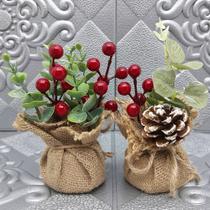 Arranjos Enfeite Mesa Natal Vaso Cereja Pinha 15cm Kit 2pçs