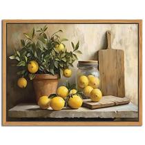 Arte de parede: cozinha vintage emoldurada flutuante, amarelo, limão, 30x40cm