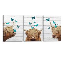 Arte de parede em tela 3 painéis Highland Cow Butterfly 40x60cm Arte de parede em tela 3 painéis Highland Cow Butterfly 40x60cm
