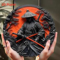 Arte De Parede Redonda Temática Japonesa Samurai Red Sun 2D, Placa De Metal Decorativa