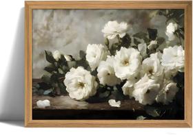 Arte de parede, tela emoldurada, vintage, rosa branca, impressão botânica