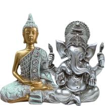 Artigo de Decoração Imagem Exotérica Buda Sentado + Deus Hindu Ganesha Resina Artigo de Decoração Imagem Exotérica Buda Sentado + Deus Hindu Ganesha Resina