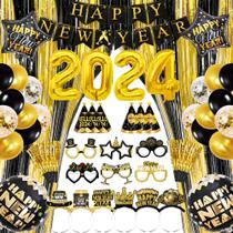 Artigos de festa Sawowkuya New Years Eve 2024 dourados e pretos Artigos de festa Sawowkuya New Years Eve 2024 dourados e pretos