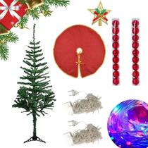 Árvore de Natal 150cm 200 Galhos 2 Pisca Pisca Colorido Estrela Topo Saia Vermelha Bolas Decorativas Kit Iluminação 2 Fios Enfeites Natalinos