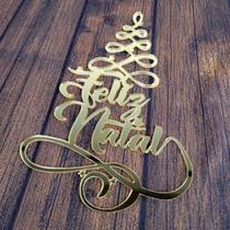 arvore de natal comFrase Feliz Natal em Acrílico Dourado 30cm Painel Decoração Festa 32x22 cm (BRI
