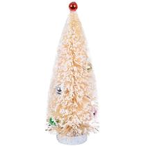 Árvore de Natal creme com glitter flocado, base de madeira e decorada com bolas Grillo 16 cm