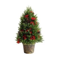 Árvore de Natal Mini 32 cm com Frutos Vermelhos e Pinhas no Vaso
