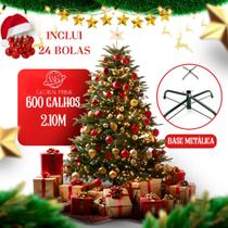 Arvore De Natal Premium 210cm 600 Galhos Cheios Modelo Luxo Gigante Verde Base de Metal Modelo Luxuosa Com Galhos Grandes com 24 bolas lisas