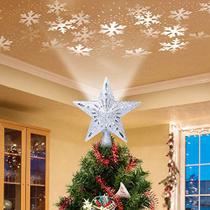 Árvore de Natal Topper Estrela Iluminada Prata, 3D Hollow Sparkling Star Christmas Tree Topper com Rotating Magic Cool White Snowflake Projector para enfeite de árvore de Natal (prata) - DG-Direct