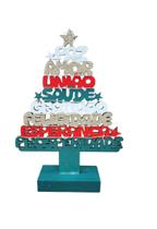 Arvore Natal Pequena Em Madeira C/ Frase Led Enfeite De Mesa