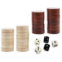Asney Peças de gamão de madeira, peças de verificador de madeira maciça definir chips de mesa de jogo de tabuleiro e 5 dados, inclui saco de armazenamento (1,34")
