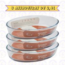 Assadeira 2,4L Oval Vidro Temperado Forno Cozinha Travessa 3UNI