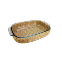 Assadeira e Travessa Vidro 2lts 30,5x20x6,5cm Alça e Suporte Rattan