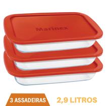 Assadeira Retangular Vidro C/ Tampa 2,9L Assados Marinex 3un