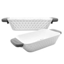 Assadeira Travessa De Cerâmica Retangular Com Alça Silicone Cinza 26cm