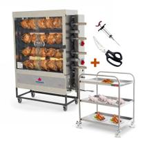 Assador de Frango Gás 4 Espetos Infra Pr-621 + Tesoura + Carrinho Inox + Injetor de Temperos