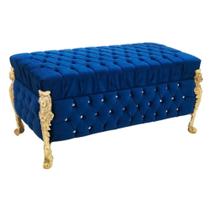 Assento Baú Estofado Capitone Pé Dourado Luxo Assento Baú Estofado Capitone Pé Dourado Luxo