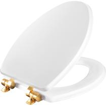 Assento sanitário alongado de madeira Mayfair Bennett branco com dobradiças douradas Assento sanitário alongado de madeira Mayfair Bennett branco com dobradiças douradas