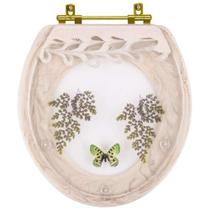 Assento Sanitário Decorado Oval Convencional Bege Claro Com Borboleta Verde para todas as marcas Com Ferragem Dourada Assento Sanitário Decorado Oval Convencional Bege Claro Com Borboleta Verde para todas as marcas Com Ferragem Dourada