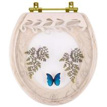 Assento Sanitário Decorado Oval Convencional Creme Com Borboleta Azul Com Ferragem Dourada Assento Sanitário Decorado Oval Convencional Creme Com Borboleta Azul Com Ferragem Dourada