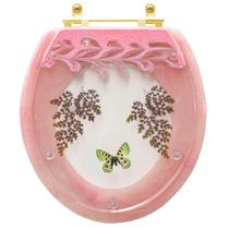 Assento Sanitário Decorado Oval Convencional Rosa Quartzo Com Borboleta Verde para todas as marcas Com Ferragem Dourada