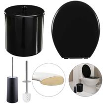 Assento Sanitário Oval Almofadado Preto + Lixeira Preta 6L Redonda C/ Tampa + Escova Sanitária Base Preta Assento Sanitário Oval Almofadado Preto + Lixeira Preta 6L Redonda C/ Tampa + Escova Sanitária Base Preta