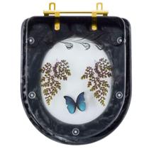 Assento Sanitario Poliester Decorado Borboleta Azul Carrara Preto com Ferragem Dourada