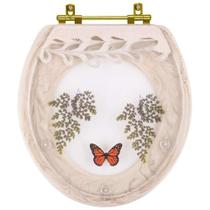 Assento Sanitário Poliester Decorado Oval Convencional Creme Avenca com Borboleta Vermelha Com Ferragem Dourada