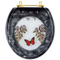 Assento Sanitário Poliester Decorado Oval Convencional Preto Avenca com Borboleta Vermelha Com Ferragem Dourada Assento Sanitário Poliester Decorado Oval Convencional Preto Avenca com Borboleta Vermelha Com Ferragem Dourada