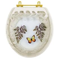 Assento Sanitário Poliéster Oval Bege Decorado Borboleta Amarela Com Ferragem Dourada Assento Sanitário Poliéster Oval Bege Decorado Borboleta Amarela Com Ferragem Dourada