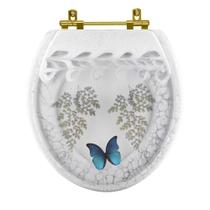 Assento Sanitário Poliester Oval Branco Decorado Borboleta Azul Com Ferragem Dourada