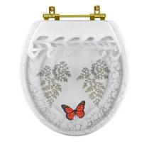 Assento Sanitário Poliester Oval Branco Decorado Borboleta Vermelha Com Ferragem Dourada