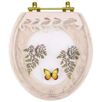 Assento Sanitário Poliester Oval Creme Decorado Borboleta Amarela Com Ferragem Dourada Assento Sanitário Poliester Oval Creme Decorado Borboleta Amarela Com Ferragem Dourada
