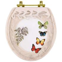 Assento Sanitário Poliester Oval Creme Decorado Borboletas Com Ferragem Dourada Assento Sanitário Poliester Oval Creme Decorado Borboletas Com Ferragem Dourada