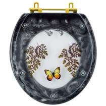 Assento Sanitário Poliéster Oval Preto Decorado Borboleta Amarela Com Ferragem Dourada Assento Sanitário Poliéster Oval Preto Decorado Borboleta Amarela Com Ferragem Dourada