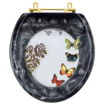 Assento Sanitário Poliester Oval Preto Decorado Borboletas Com Ferragem Dourada