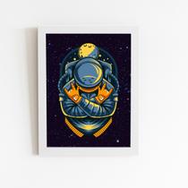 Astronauta Azul Desenho Lua Quadro Moldura Branca 60x40cm