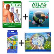 Atlas Corpo Humano + Geográfico + Cartografia + 24 Lápis Cor - Editora Rideel