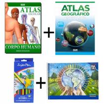 Atlas Corpo Humano + Geográfico + Cartografia + 24 Lápis Cor - Editora Rideel