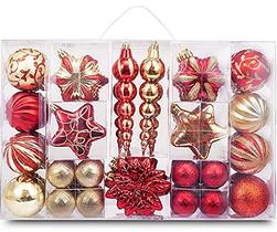 AUXO-FUN 73ct Variedade de enfeites de Natal à prova de quebra Coleção de luxo Conjunto em Pacote de Presente Reutilizável de Mão para Decoração de Árvore de Natal (vermelho e dourado)