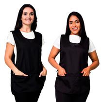 Avental Bata Com 2 Bolsos Oxford Liso Preto Frente e Costa