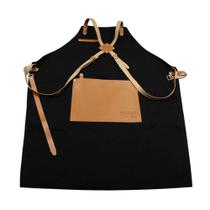 Avental Preto Multifunção em Tecido Jeans e Couro Churrasco, Cozinha e Barbearia